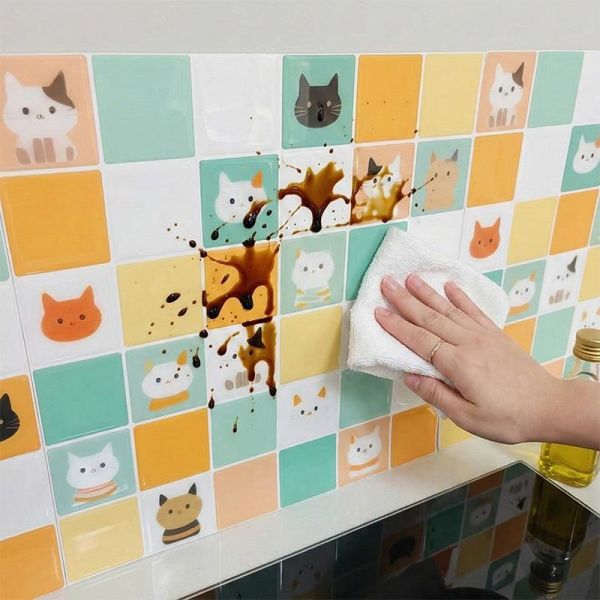 【讓廚房變成貓樂園】彩色貓咪防油3D水晶膠磁磚貼 四片裝 