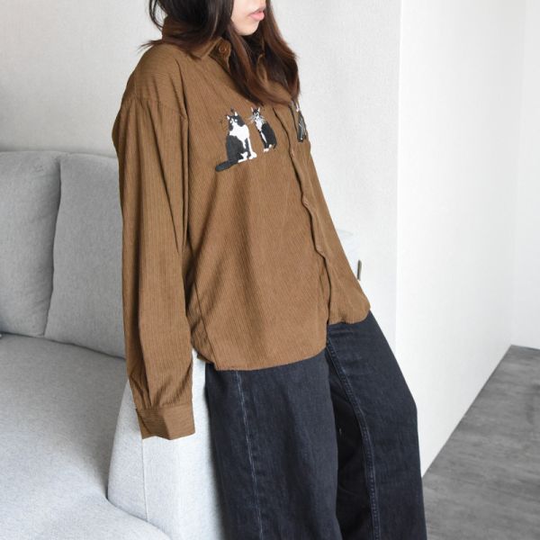 【日常又百搭】復古刺繡貓咪燈芯絨襯衫 共三色 