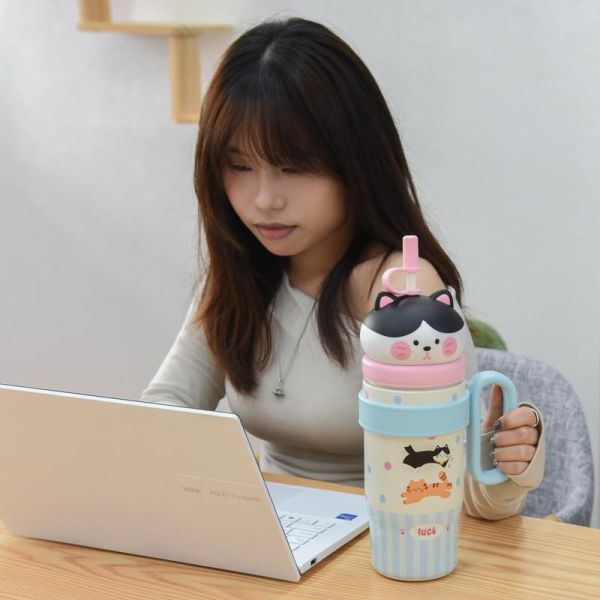【大口暢飲大補水】中分小貓冰霸800ml保溫杯 