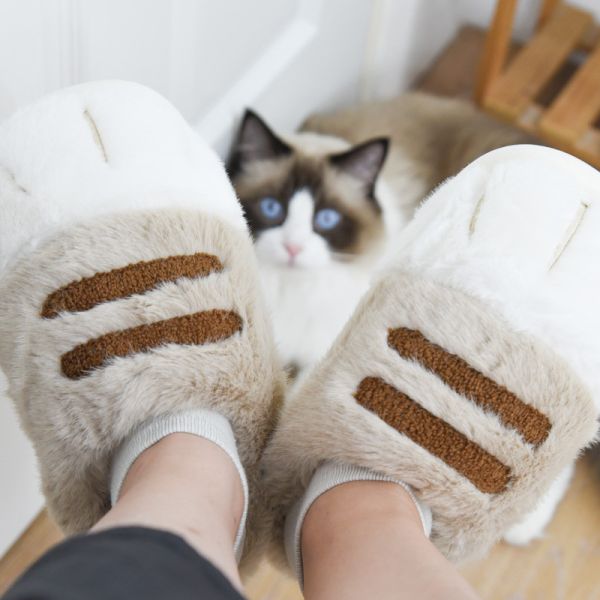 【軟糯糯腳感】毛絨貓掌保暖居家拖鞋 