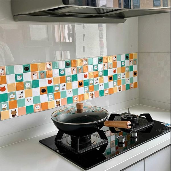 【讓廚房變成貓樂園】彩色貓咪防油3D水晶膠磁磚貼 四片裝 