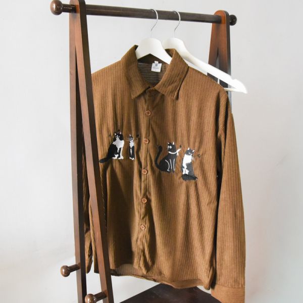 【日常又百搭】復古刺繡貓咪燈芯絨襯衫 共三色 