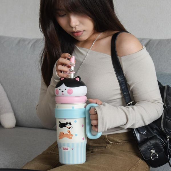 【大口暢飲大補水】中分小貓冰霸800ml保溫杯 