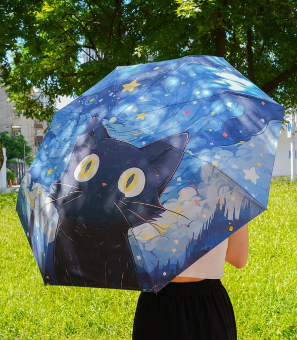 【擁抱星空小黑喵】梵谷星空黑貓晴雨兩用傘 