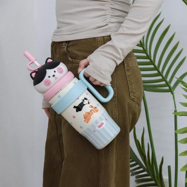 【大口暢飲大補水】中分小貓冰霸800ml保溫杯 