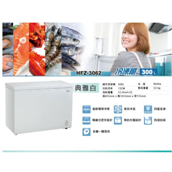 【聊聊再折】禾聯 HERAN 300L臥式冷凍櫃 HFZ-3062 禾聯冷凍櫃, HERAN 300L臥式冷凍櫃 ,HFZ-3062