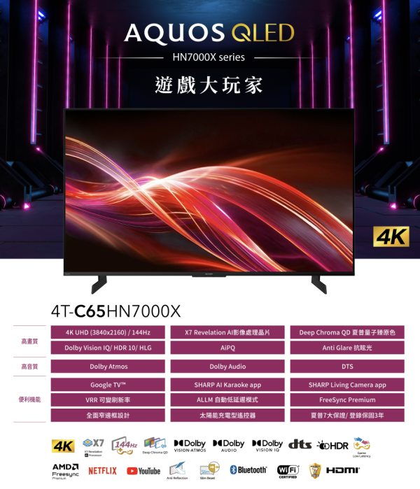 【聊聊再折】夏普 SHARP 65吋 AQUOS QLED 4K  連網 智慧液晶顯示器  4T-C65HN7000X 【聊聊再折】夏普 SHARP 65吋 AQUOS QLED 4K  連網 智慧液晶顯示器  4T-C65HN7000X