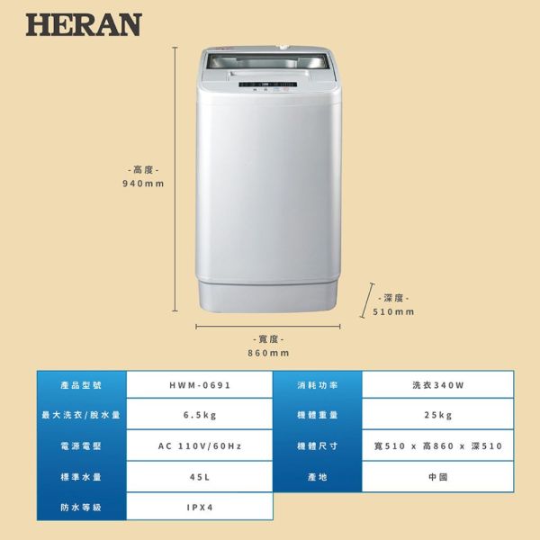 【聊聊再折】禾聯 HERAN 極致窄身6.5公斤超潔淨直立式定頻洗衣機 HWM-0691 2023新機上市 禾聯洗衣機, HERAN 極致窄身6.5公斤超潔淨直立式定頻洗衣機 ,HWM-0691