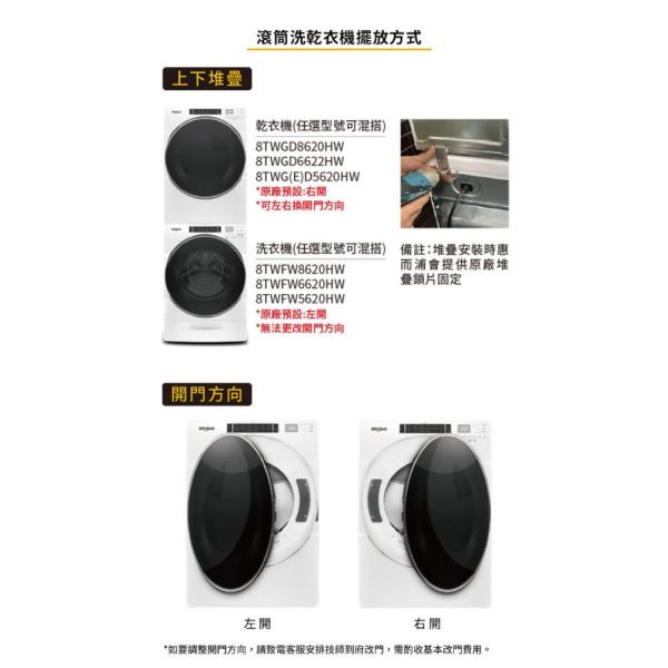 【聊聊再折】惠而浦 Whirlpool W Collection 17公斤 Load & Go蒸氣洗滾筒洗衣機 8TWFW8620HW 惠而浦滾筒洗衣機, Whirlpool W Collection 17公斤 Load & Go蒸氣洗滾筒洗衣機 ,8TWFW8620HW