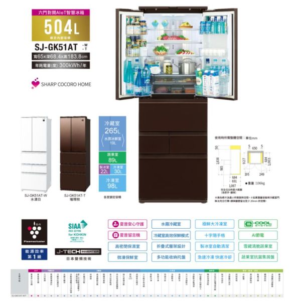 【聊聊再折】夏普 SHARP 六門對開AIoT智慧冰箱 SJ-GK51AT-W 夏普 SHARP 六門對開AIoT智慧冰箱 SJ-GK51AT-W/T