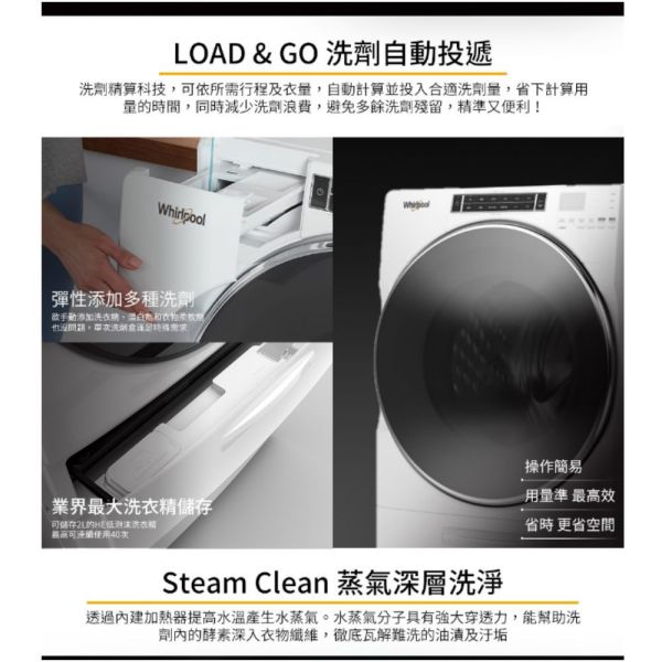 【聊聊再折】惠而浦 Whirlpool W Collection 17公斤 Load & Go蒸氣洗滾筒洗衣機 8TWFW8620HW 惠而浦滾筒洗衣機, Whirlpool W Collection 17公斤 Load & Go蒸氣洗滾筒洗衣機 ,8TWFW8620HW