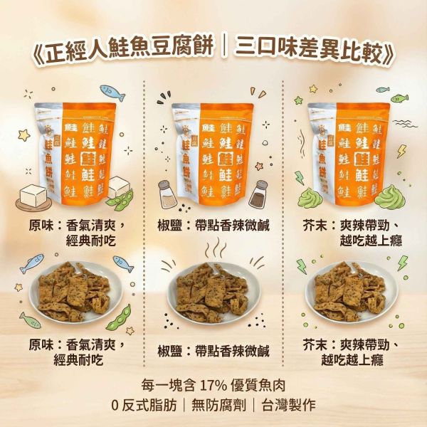 正經人鮭魚豆腐餅(芥末) 鮭魚豆腐餅、正經人豆腐餅乾、健康零食、鹹香餅乾、無防腐劑零食、鮭魚餅乾、魚肉餅乾、豆腐餅乾、辦公室零食、台灣製餅乾