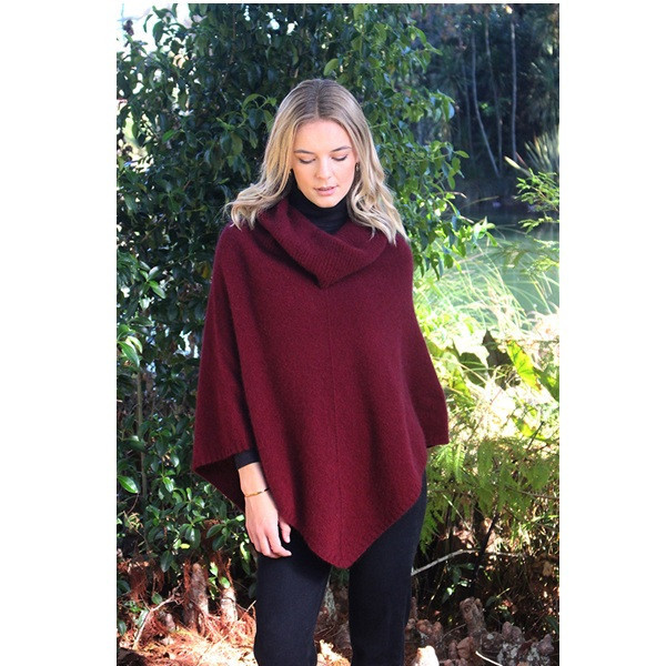 大翻領深酒紅色紐西蘭貂毛羊毛斗篷披肩 