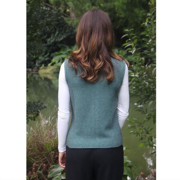 【女裝】立領拉鍊灰綠色紐西蘭貂毛羊毛背心 