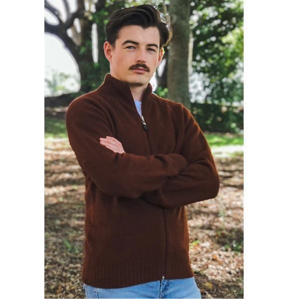 棕色男裝紐西蘭貂毛羊毛外套 立領拉鍊款 