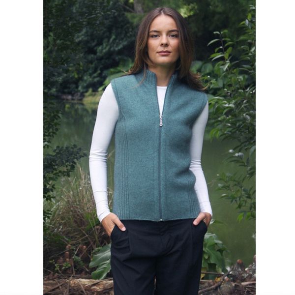 【女裝】立領拉鍊灰綠色紐西蘭貂毛羊毛背心 