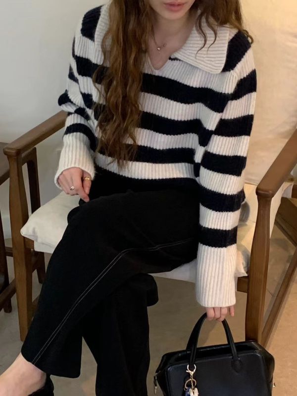 橫紋翻領毛衣 橫條紋毛衣