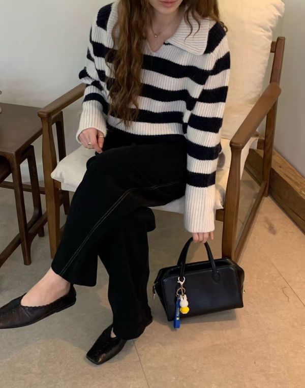 橫紋翻領毛衣 橫條紋毛衣