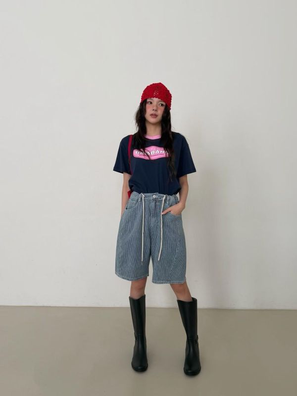 束帶條紋五分褲 條紋五分褲