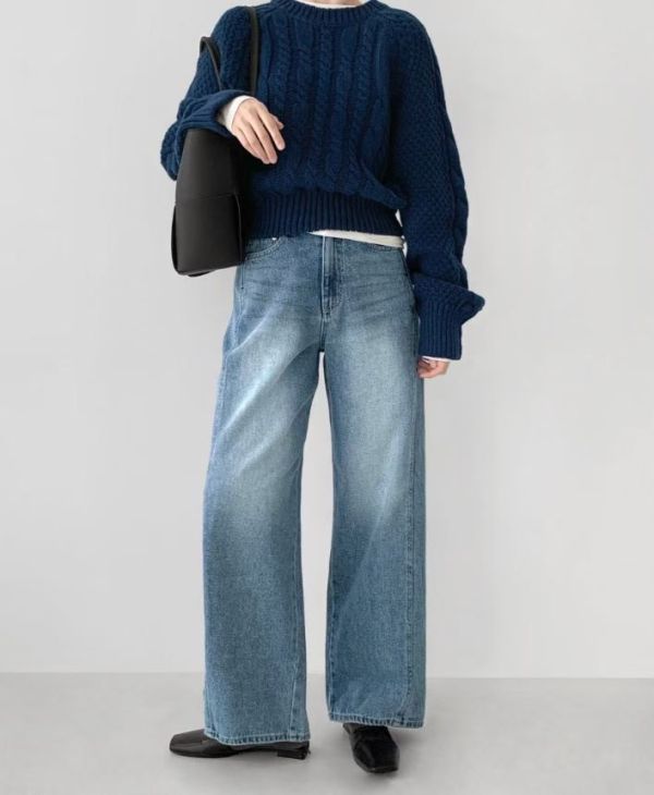 側拼接牛仔寬褲 牛仔寬褲