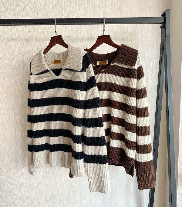 橫紋翻領毛衣 橫條紋毛衣