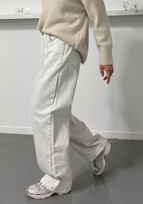 粗斜紋米白牛仔褲 米白寬褲
