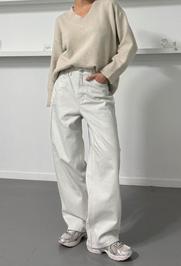 粗斜紋米白牛仔褲 米白寬褲