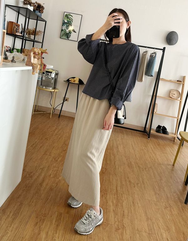 細格袖打褶上衣 藍格子上衣