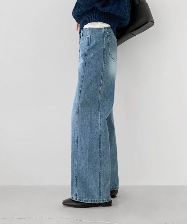 側拼接牛仔寬褲 牛仔寬褲