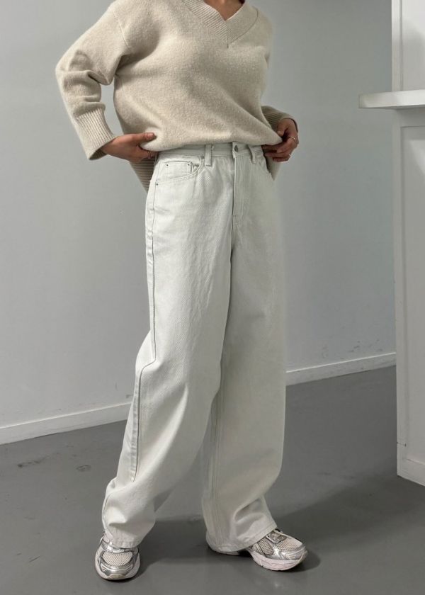 粗斜紋米白牛仔褲 米白寬褲