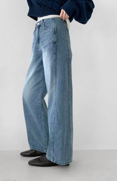 側拼接牛仔寬褲 牛仔寬褲