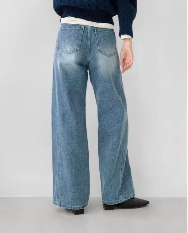 側拼接牛仔寬褲 牛仔寬褲