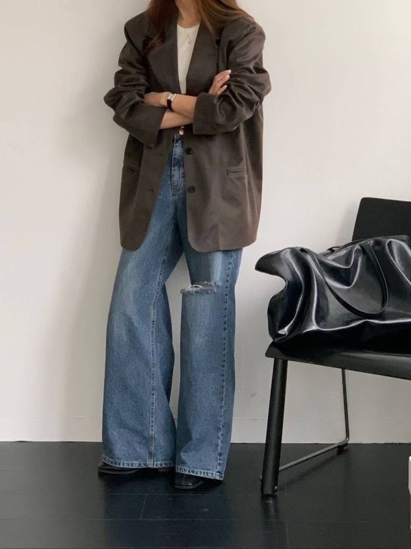 膝割破造型寬褲 牛仔寬褲