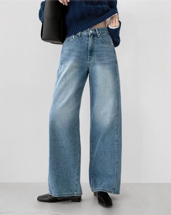 側拼接牛仔寬褲 牛仔寬褲