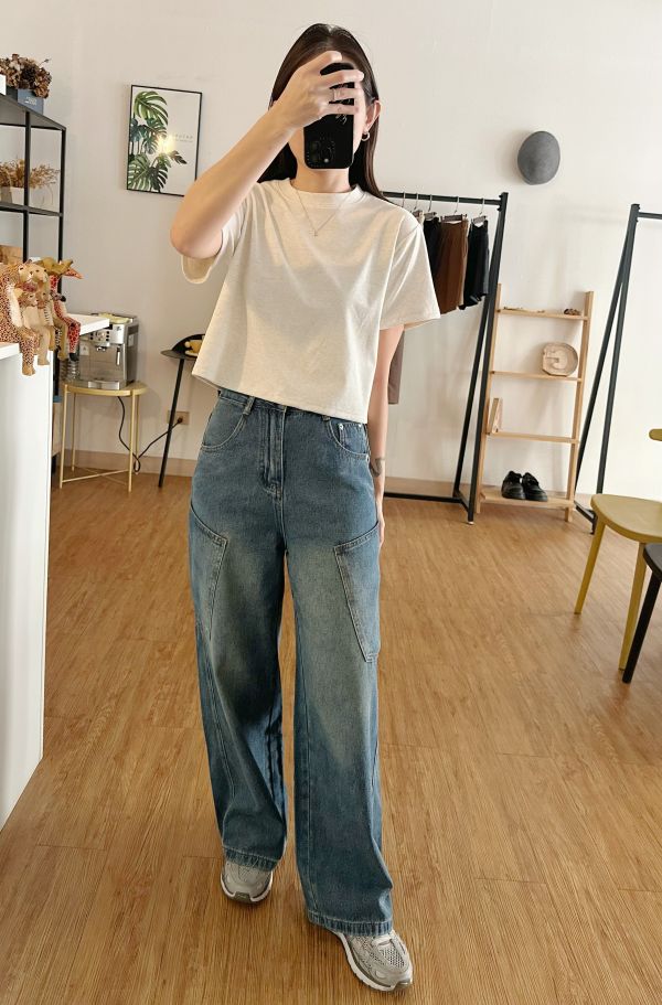 側口袋牛仔寬褲 牛仔寬褲