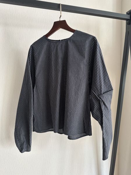 細格袖打褶上衣 藍格子上衣
