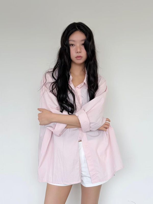 細直條寬身襯衫－杏、粉色 寬身襯衫