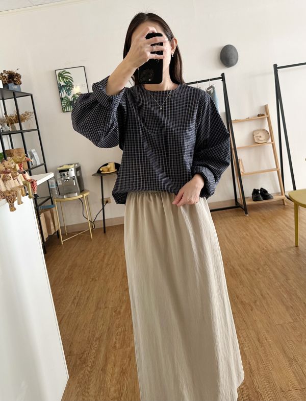 細格袖打褶上衣 藍格子上衣