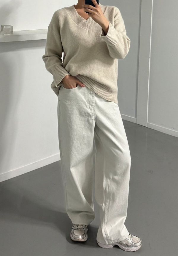 粗斜紋米白牛仔褲 米白寬褲