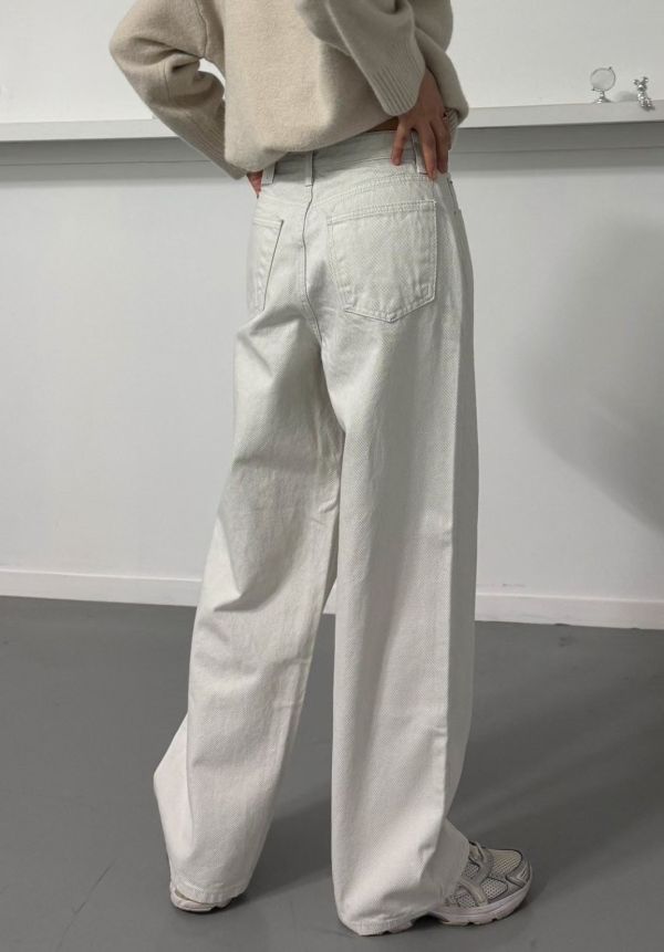 粗斜紋米白牛仔褲 米白寬褲