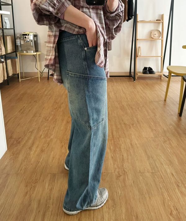 側口袋牛仔寬褲 牛仔寬褲