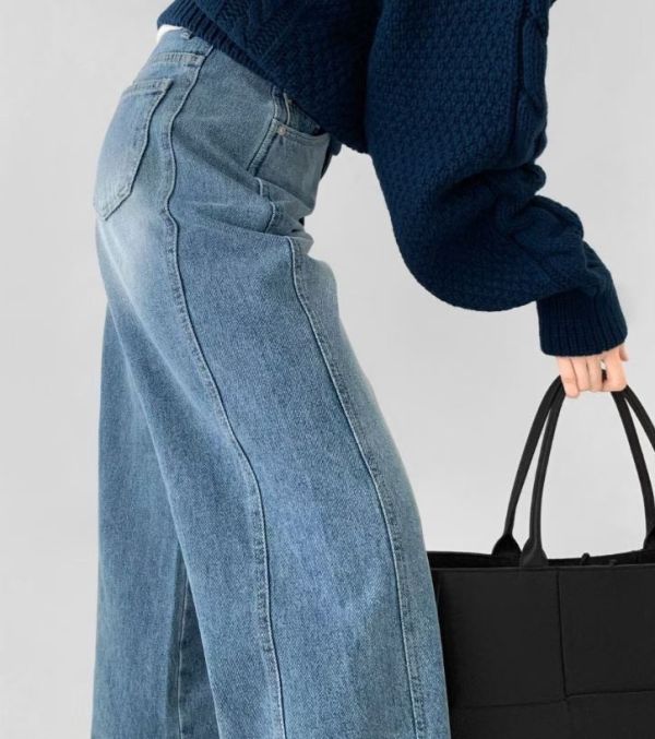 側拼接牛仔寬褲 牛仔寬褲