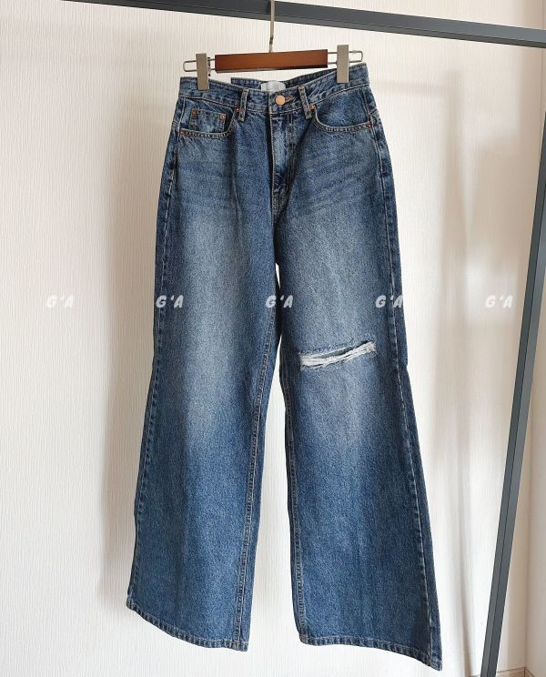 膝割破造型寬褲 牛仔寬褲