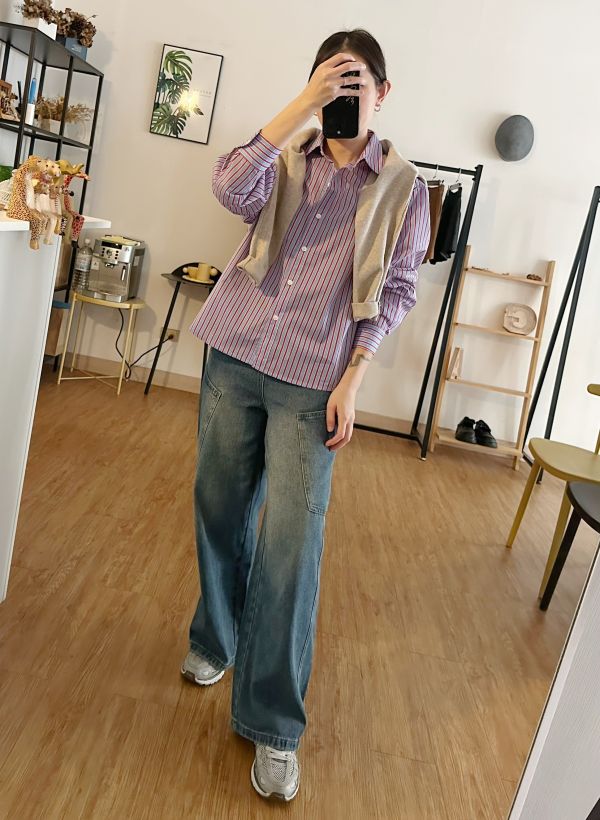 側口袋牛仔寬褲 牛仔寬褲