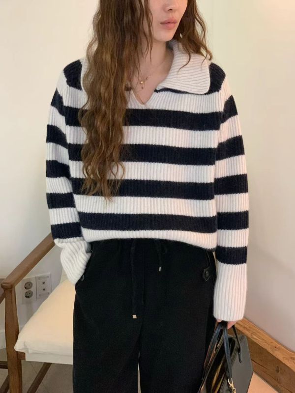橫紋翻領毛衣 橫條紋毛衣