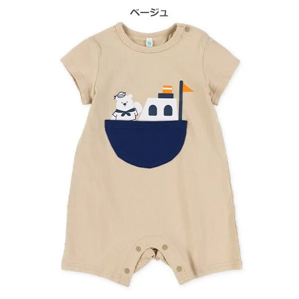 日本 70/80cm 短袖連身衣（搭船的熊熊船長 米色） 寶寶連身衣 日本童裝 連身衣