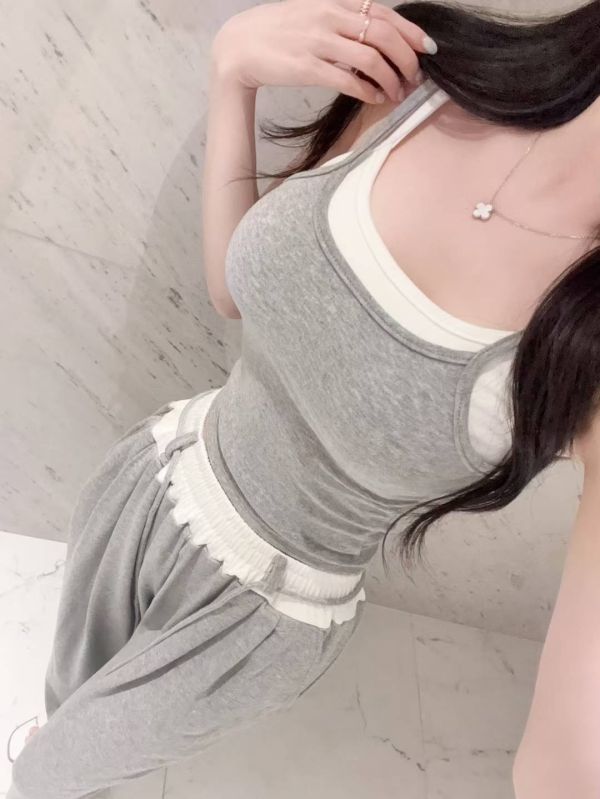 韓國假兩件背心拼色套裝 