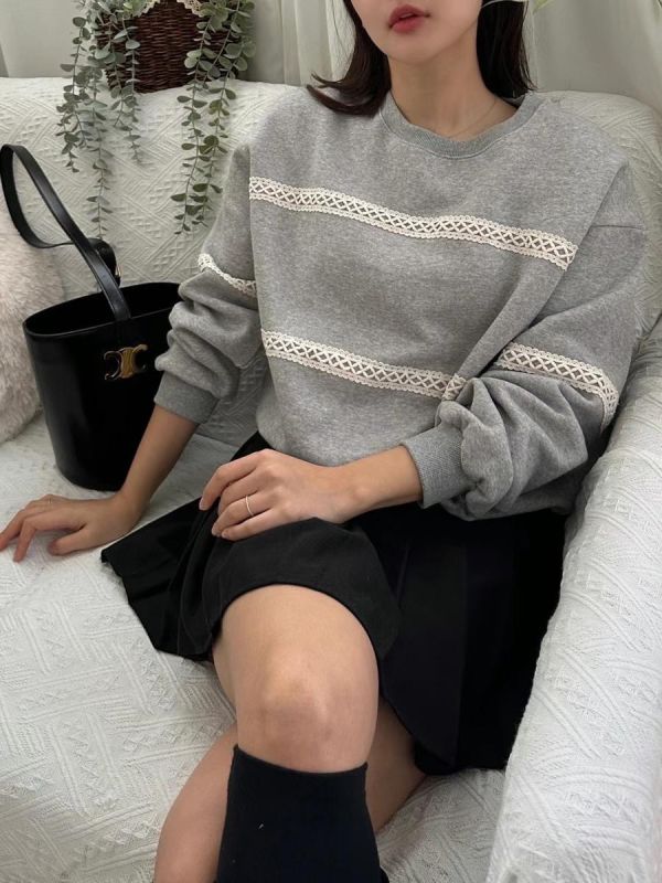 蕾絲條紋刷毛衛衣 