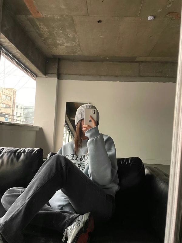 修身微喇叭內磨毛牛仔褲 
