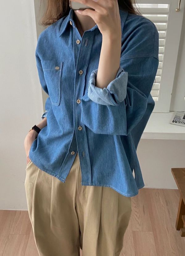 質感木釦牛仔襯衫 
